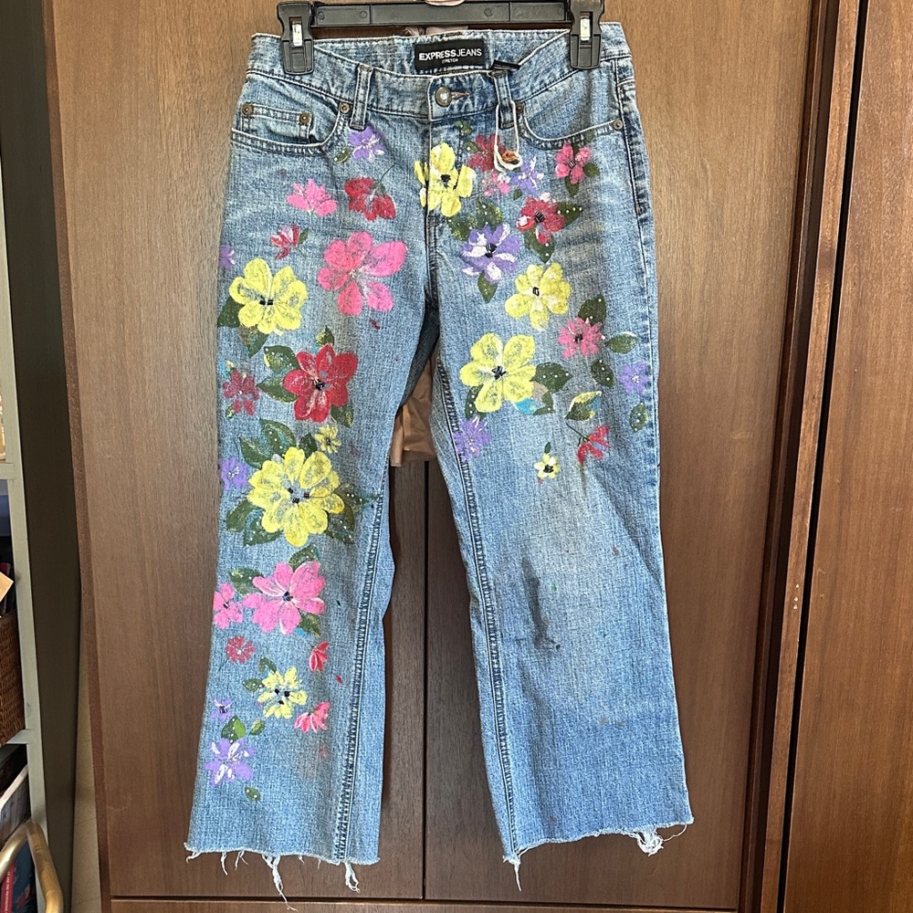Express Floral upcycled painted Blue Jeans With Handpainted Floral